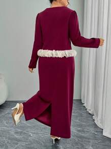 Modelyn Women Square Collar Long Sleeve Patchwork Ruffle Trim Fitted Elegant Slim Top And Bodycon Skirt Set Fall Cloth For Women - Burgundy - View 2