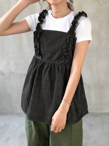 FRIFUL Women Ruffle Hem & Strap Denim Blouse - Black - View 4