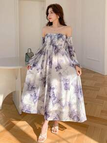 DAZY Vestido midi con estampado floral y escote hombros descubiertos para mujeres
