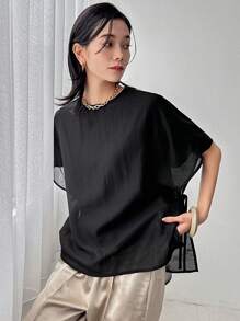 FRIFUL Women's Black Loose Drop Shoulder Shirt, Business Casual Summer - Black - View 8