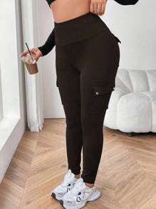 Flirla Pantalones cargo de talla grande unicolor con cintura alta y bolsillo con solapa