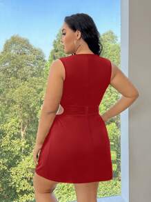 SHEIN EZwear Valentine's Day,Plus Red Knitted Hollow Out Sleeveless Waist Tie Dress - Red - View 2