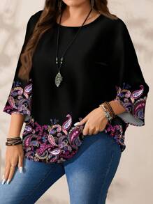 EMERY ROSE Plus Size Women Casual Versatile Paisley Print Full Coverage Round Neck Loose 3/4 Sleeve Blouse, Suitable For Spring & Summer Fall Clothes Chic Blouses For Women - Black - View 3