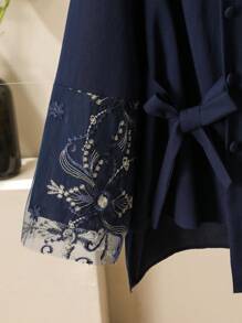Lacomfia 2pcs Plus Size Set: Elegant Round Neck Embroidered Mesh Patchwork Fall Cloth For Women - Navy Blue - View 3