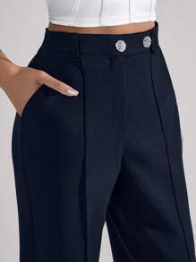 SHEIN Tall Women Solid Color Mid Waist Wide Leg Black Business Long Pants With Button Details