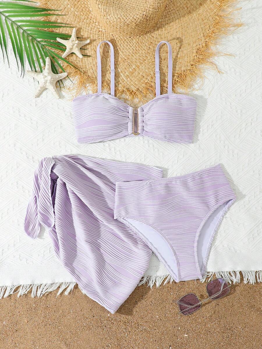 Teen Girl Textured 3-Piece Bikini Swimwear Set - Mauve Purple - View 1