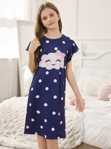 SHEIN Camisón de manga corta suave, azul, cómodo y bonito con estampado de nubes y lunares, para niñas - Azul - Ver 1