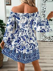 SHEIN Clasi Elegant Women Off Shoulder Frill Trim Flounce Sleeve Bell SleevesBlue And White Positioning Flower Print Bohemian Dress,Suitable For Various Occasions Such As Music Festivals, Vacations, And Daily Wear, Etc - Multicolor - View 3