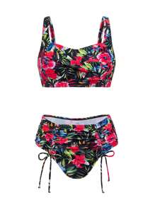 Swim Lushoire Popular Tropical Floral Print Criss-Cross Front Wrinkled Enhancing Bust Tankini Set With Drawstring Waist, Slimming Mature Tropical Beach Summer Vacation Style For Women - Multicolor - View 6
