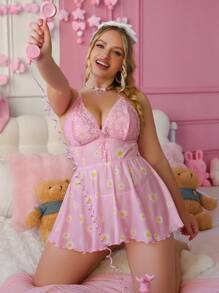 PetitDoll 2pcs/Set Plus Size Sexy Lace Patchwork Chrysanthemum Net Lingerie Set: Spaghetti Strap Dress + G-String - Pink - View 4