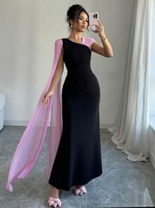 Elenzga Vestido elegante y de moda para mujer con cintura ceñida, asimétrico y de contraste de color en gasa, con capa en los hombros, ideal para fiestas y días festivos - Negro - Ver 3