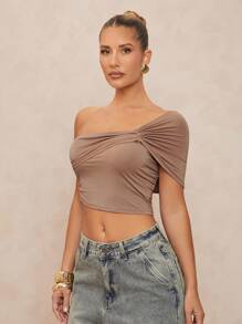 Lumalex 1 bucată Top bodycon cu decor metalic cu fânețe asimetric