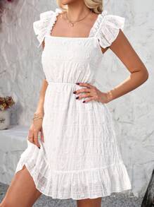 SHEIN Clasi 女式盖袖领口纹理腰部修身连衣裙 - 白色 - 查看 6