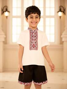 SHEIN 2 件套 男童复古印花中式立领衬衫 + 拼布短裤