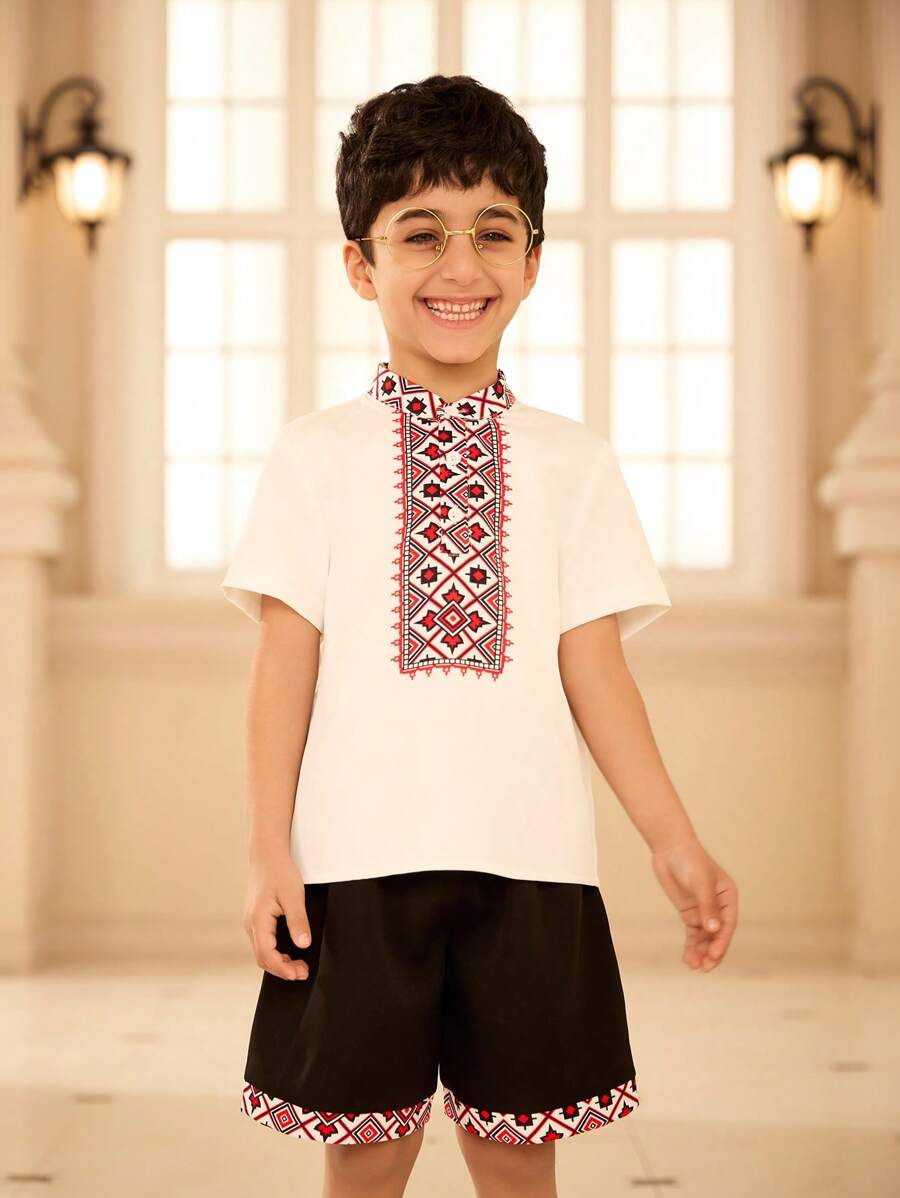 SHEIN 2 件套 男童复古印花中式立领衬衫 + 拼布短裤