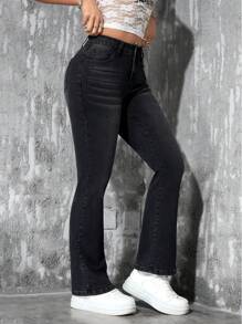 SHEIN PETITE Jeans casuales de pierna campana con lavado y ajuste slim