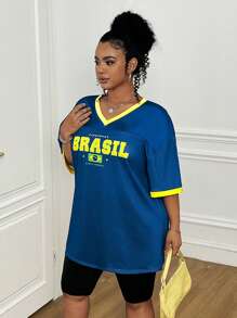 SHEIN EZwear Plus Size Summer Jersey Top, Loose Fit Sports Colorblock Letter Print T-Shirt