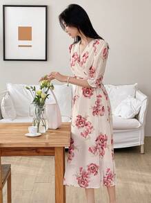 DAZY Rochie elegantă și feminină din șifon cu flori mari pentru femei, ținute de vacanță cu imprimeu floral, stil boho - roșu - Vizualizare 4