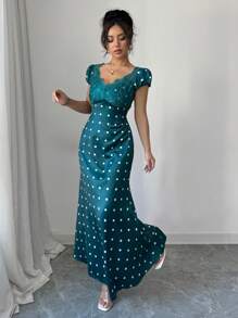 Elenzga Women's Elegant Fashion Commuter Holiday Party Dating V-Neck Waist Gathered Ruffled Hem Lace Patchwork Polka Dot Dress - Dark Green - View 5