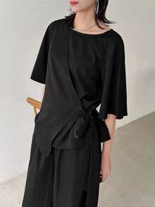 FRIFUL 2pcs Women Set: Cinched Waist T-Shirt And Pants - Black - View 2