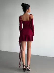Aloruh 女士性感浪漫荷叶边修身酒红色度假/约会晚礼服优雅节日装女士浪漫连衣裙女士红色连衣裙 - 酒紅色 - 查看 2