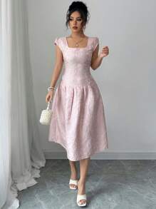 Elenzga 女式 2025 新款提花面料休闲中长连衣裙，优雅设计 - 粉色 - 查看 5