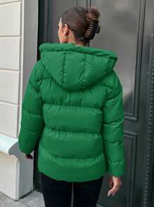 RueChic Zip Up Drawstring Hooded Puffer Coat - Green - View 2
