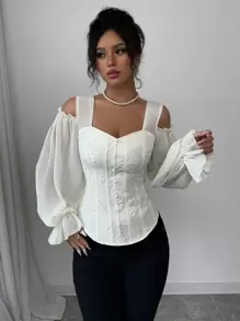 Elenzga Women's Open Shoulder Floral Jacquard Fashion Design Long Sleeve Blouse - Apricot - View 5