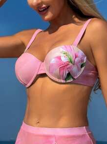 SHEIN Swim 女式花卉印花钢圈比基尼上衣，适合夏季度假海滩装，多色 - 粉色 - 查看 3