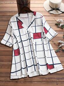EMERY ROSE Plus Size Women's Plaid V-Neck Short Sleeve Loose Casual Blouse Country Spring For Women Summer For Women - Multicolor - View 3
