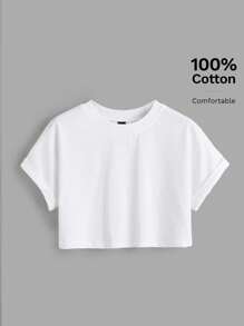 SHEIN BASICS Women Solid Batwing Sleeve Crop Tee For Summer - White - View 1
