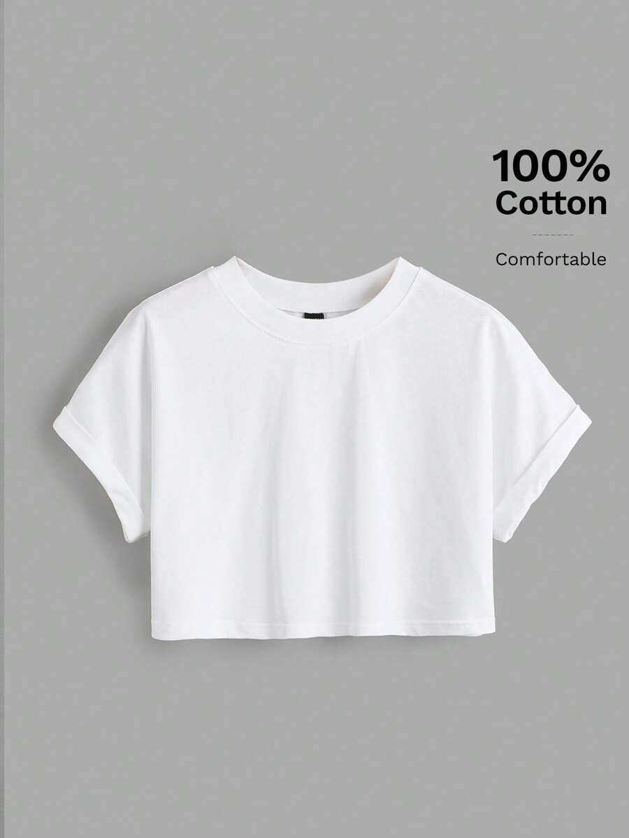 SHEIN BASICS Women Solid Batwing Sleeve Crop Tee For Summer - White - View 1