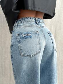 EURMUSE Jeans mit weitem Bein, niedriger Taille, Taschen und Rissen - Helle Waschung - Übersicht 3