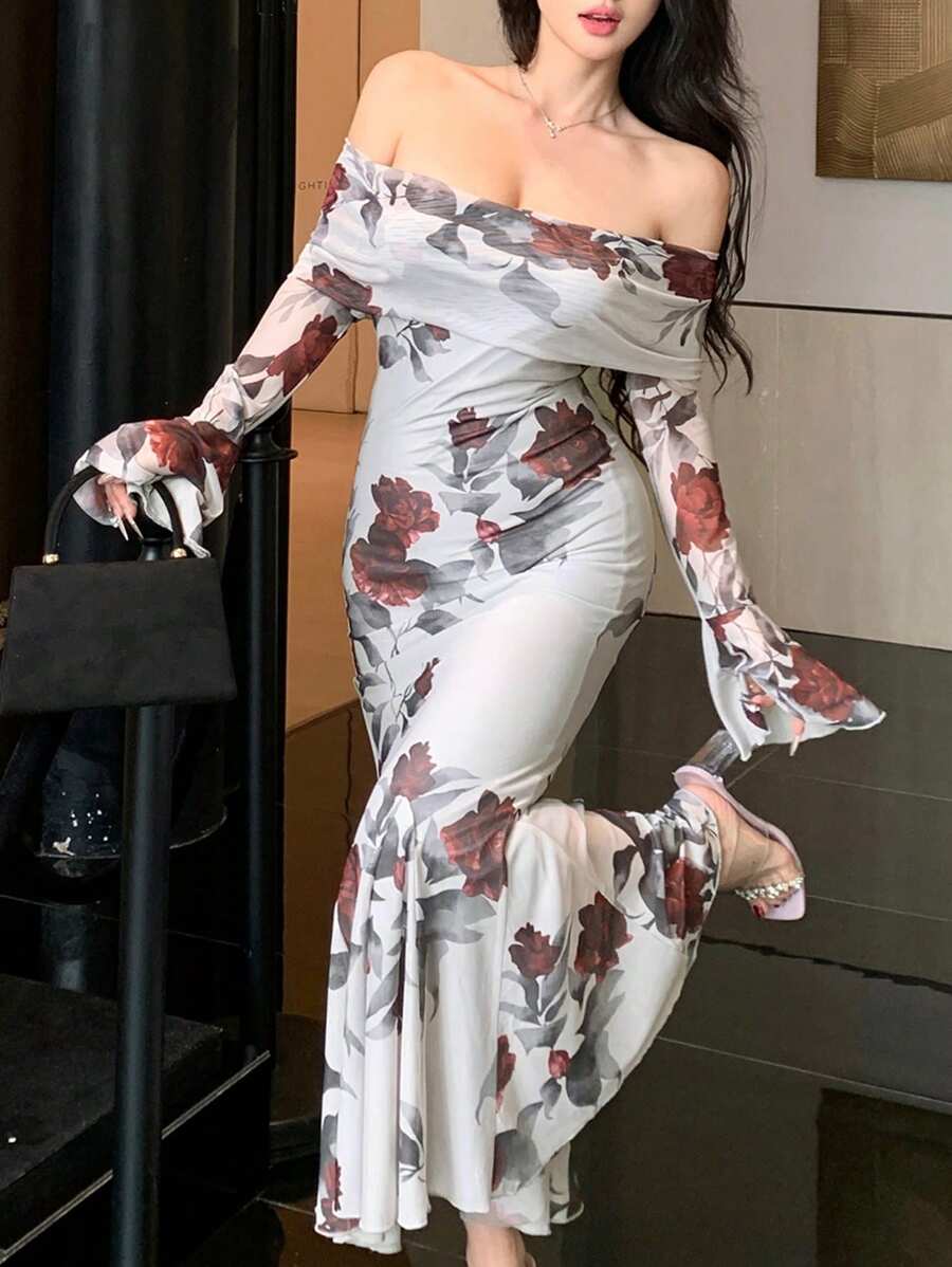 DAZY 玫瑰印花露肩鱼尾中长连衣裙,适合春季、秋季穿着,荷叶边设计,长袖印花连衣裙 - 杏色 - 查看 1