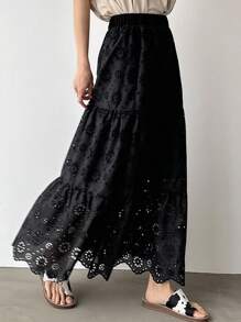 FRIFUL Chân váy nữ màu đen dáng rộng thêu họa tiết, phong cách bohemian thanh lịch, thích hợp cho mùa xuân/hè. - màu đen - Xem 1