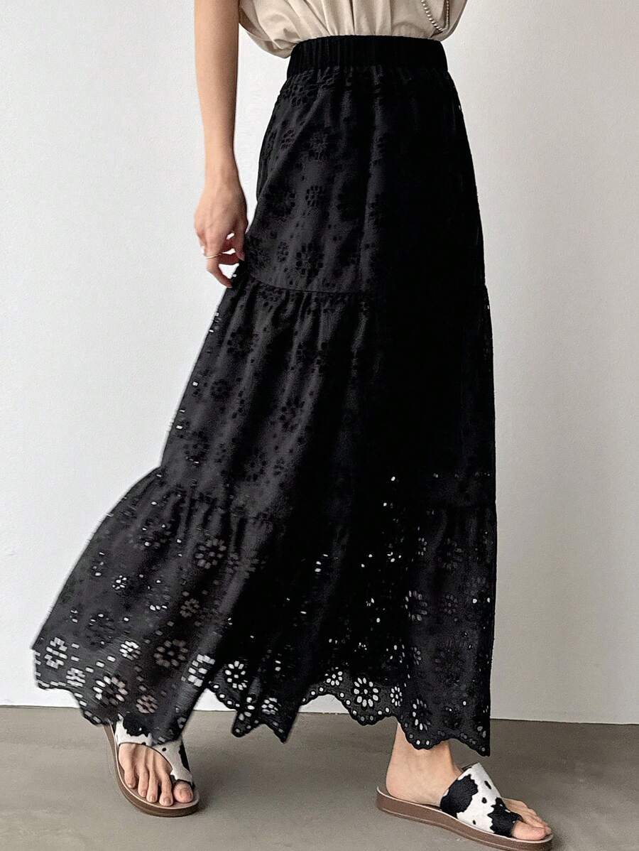 FRIFUL Chân váy nữ màu đen dáng rộng thêu họa tiết, phong cách bohemian thanh lịch, thích hợp cho mùa xuân/hè. - màu đen - Xem 1