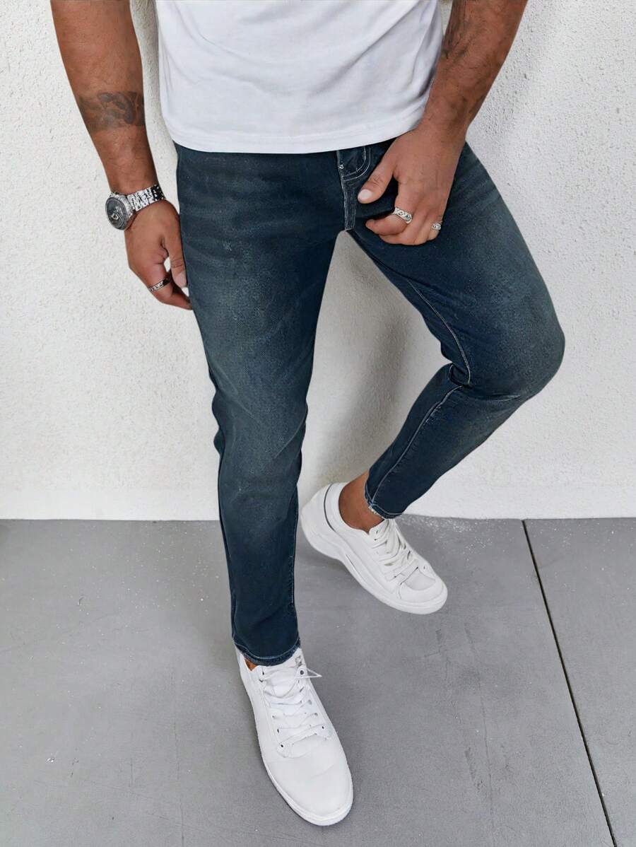 Manfinity Homme Men's Blue-Grey Washed Vintage Style Casual Slim Fit Tapered Cropped Jeans - Dusty Blue - View 1