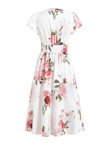 Ellevyn Robe midi évasée à imprimé floral avec col en V élégant pour femmes, avec ceinture, convient pour les vacances de printemps/été