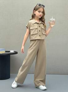 SHEIN Nova Glow Tween Girl 休闲街头时尚梭织纯色短袖衬衫和直筒裤套装 - 杏色 - 查看 4