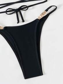 SHEIN Swim Springbreak 性感金属装饰抽绳系带前上衣和高腰短裤两件套泳衣套装，夏季