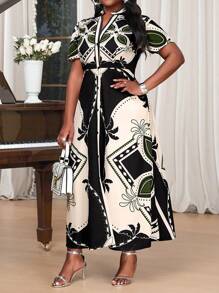 SHEIN Lady Spring And Summer Casual Elegant Boho Black  Woven Shirt Collar Flared Button Long  Short Sleeve Plus Size Dresses Vacation Outfits Woman Beach Outfits For Woman Vacation Vacation Outfits Women Beach Vacation Outfits Beach Wedding Guest Dress Sundress Church Clothes Women Spring Outfits For Women - Multicolor - View 6