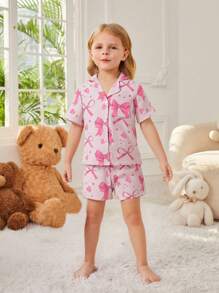 Bộ đồ ngủ tay ngắn cổ ve in nơ cho bé gái, quần short và áo ngủ chống cháy - Bụi hồng - Xem 7
