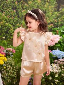 Conjunto de 2 piezas para niña: Top sin mangas de cuello redondo de tejido sólido y pantalones cortos ajustados de tejido - Albaricoque - Ver 1