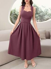 Modelyn Đầm suông không tay thắt eo màu trơn thanh lịch cho nữ - Màu hồng gỉ - Xem 5