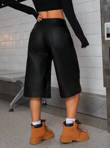 SHEIN ICON Fashion Low-Waisted Embroidered Wide Leg 3/4 Coated Pants - Black - View 2