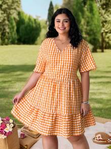 SHEIN EZwear Orange Plaid Short Sleeve V-Neck Plus Size Dress, Casual Vacation Summer /Spring,Elegant Vacation Outfits Woman Casual Wedding Guest Dress, Sun Dress