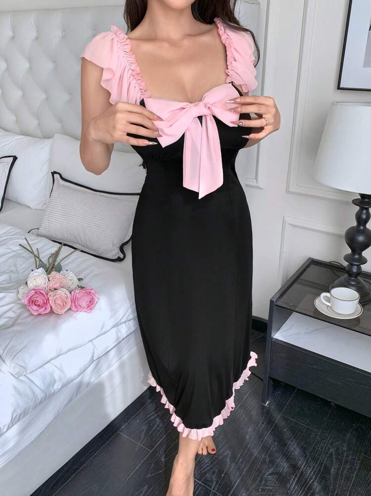 SHEIN Elegant Mesh Bowknot & Ruffle Trim Women's Nightgown Babydoll Bow - Black - View 6