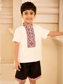 SHEIN 2 件套 男童复古印花中式立领衬衫 + 拼布短裤