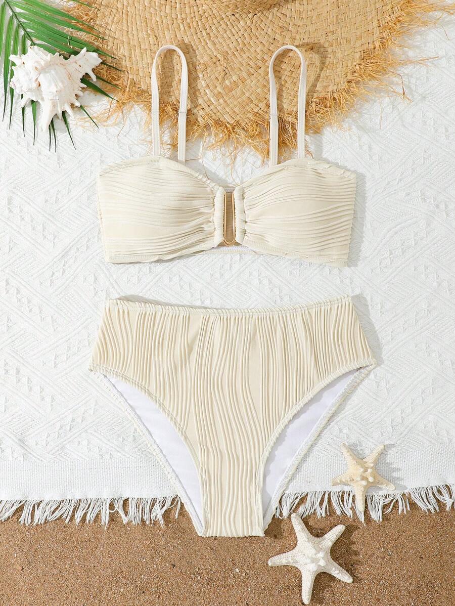 Teen Girl Apricot Textured Bikini Swimsuit Set,U-Neck Design - Apricot - View 1