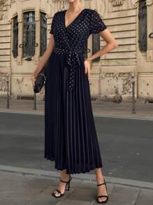 SHEIN Clasi Elegant Women's Black Hot Stamping Pleated Jumpsuit, With A Folded Waistband And Drawstring At The Front, Suitable For Various Occasions - Black - View 4